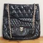 Coach Poppy Quilted Black Patent Glossy Leather Slim Tote Shoulder Bag Silver