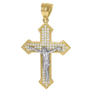 10k Gold Two Tone Cubic Zirconia Men Cross Crucifix Religious Charm 3.9g Pendant - Picture 1 of 3