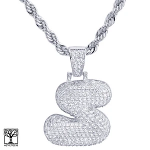 S Initial Silver Plated Custom Bubble Letter Iced CZ Pendant 24" Chain Necklace  - Picture 1 of 4