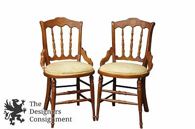 2 Vintage Cottage Spindle Back Chairs Pair Green Gingham Upholstered Seat Plaid - Image 1 of 4