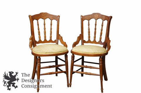 2 Vintage Cottage Spindle Back Chairs Pair Green Gingham Upholstered Seat Plaid Cover