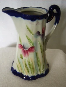 Antique Bone China HP Cobalt Blue Iris Floral Japan Chocolate Pot 8x5" Granny's - Picture 1 of 12