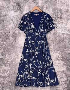 Anthropologie Dress Large Womens Hutch Rosa Art Face Print Blue Wrap Midi - Picture 1 of 8