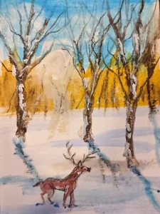 aceo original art painting Landscape Watercolor And Oil Paint Signed Snow - Picture 1 of 1