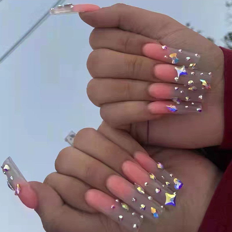 Long Coffin Pink Gradient Fake Nails With Rhinestones Hot Girl Press On Nails Ebay