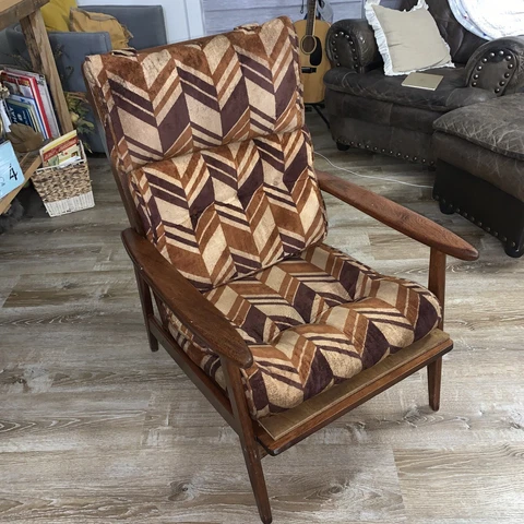 Large MCM Wood Danish Cigar Lounge Chair Vintage Atomic Geometric Fabric Design Cover