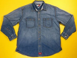 Tommy Hilfiger Denim Shirt Men's Large Long Sleeve Metal Button Down - Picture 1 of 10