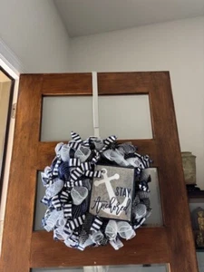 Classic navy and white maritime nautical 20" door wreath "Stay Anchored" - Picture 1 of 3