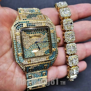 HIP HOP VERGOLDETE LUXUS BLING ICY UHR & EISZIRKONIA ARMBAND SET  - Bild 1 von 8