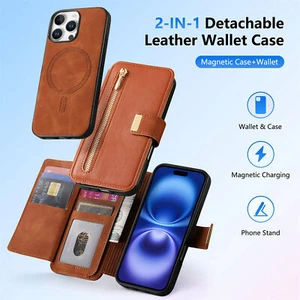 Magnetic Detachable RFID Card Slots Zipper Wallet Case for iPhone 16 Pro Max 15 - Picture 1 of 80