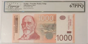 Billete de banco Serbia 2014 1000 Dinara excelente gema nuevo 67 PPQ clasificación de moneda heredada - Imagen 1 de 4