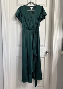 Vestido Nicole Miller Verde Satinado Imitación Envoltura con Volantes Dobladillo Pequeño Nuevo con Etiquetas Defecto - Imagen 1 de 9