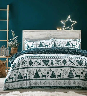 HOMEMAKER BEDDING Christmas bedding duvet cover set teal xmas reindeer stag tree festive home