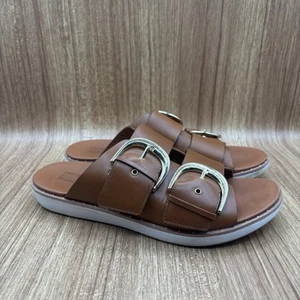 Fitflop Brown And Gold GEN-FF Buckle Two-Bar Leather Slides Studs Women’s Size 8 - Imagen 1 de 8
