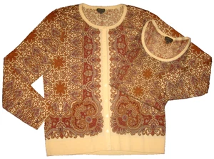 TALBOTS 2-teiliges Twin Pullover Set Merinowolle creme/gold Paisley Strickjacke Tank XL - Bild 1 von 7