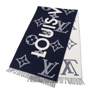 Louis Vuitton Scarf Echarpe Monogram Capital M73454 Navy Cashmere Wool Fringed - Picture 1 of 8