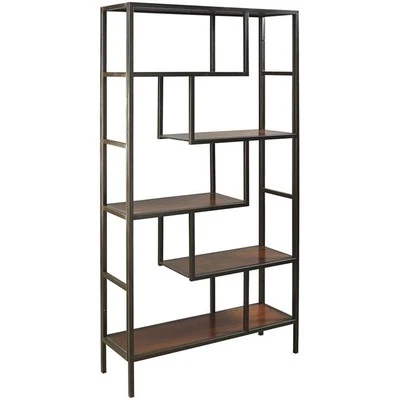 Ashley Furniture Frankwell 70" Engineered Wood and Metal Bookcase in Brown/Black - Image 1 of 4