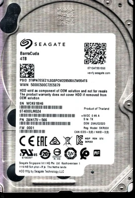 ST4000LM024 P/N: 2AN17V-566 F/W: 0001 S/N: WCK61 4TB AUG 2020 THAILAND SEAGATE - Image 1 of 2