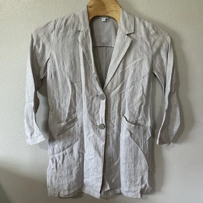 Blazer Jill Longline Talla Pequeña Gris Rayas Lino Relajado Lagenlook Chaqueta Foto 1 de 4