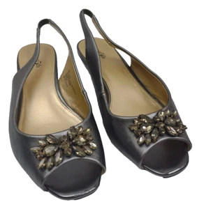 Liz Claiborne Helena Silver Pewter Sling Back Open Toe Heels Jeweled Size 8 Med - Picture 1 of 11