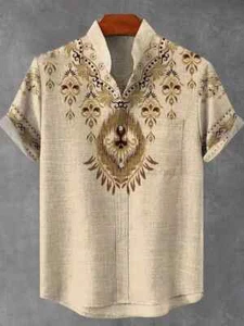 Mens Size XL Vintage Ethnic Design Art Print Cotton SHIRT Beige Multi 50in Chest - Picture 1 of 1