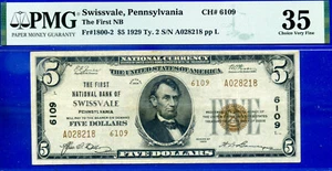 1929 $5 National Bank Swissvale, Pennsylvania CH# 6109 PMG 35 - Picture 1 of 4