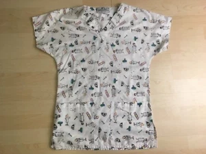 TL Uniforms Scrub Shirt Top White w/ Doctor Cartoon Pattern Size Extra Small XS - Picture 1 of 6