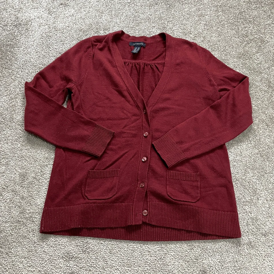 Lands' End Sweater Cardigan Women XS Red Button Down Knit Casual Pockets Ladies - Image 1 of 4