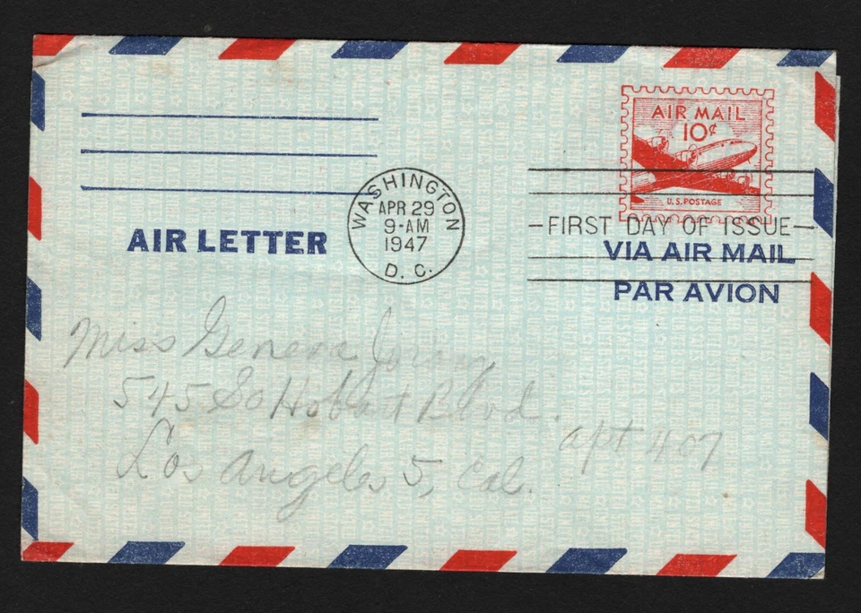 OPC 1947 Washington DC to LA 10c Air Letter FDC Sc#UX16 44030 - Image 1 of 1