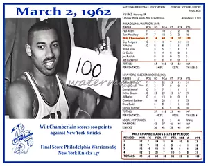 NBA 1962 Philadelphia Warriors Wilt Chamberlain 100 Point Game 8 X 10 Photo Pic - Imagen 1 de 1