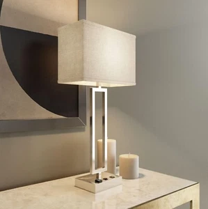 Table Lamp 28" Desk Rectangular Modern USB Port and Outlet Brushed Nickel Finish - Picture 1 of 14