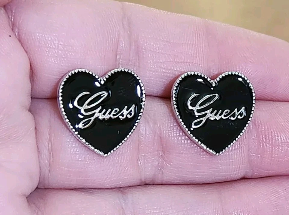Guess Studs Party Hearts Black Enamel Logo Earrings  BARELY Worn - Image 1 of 3