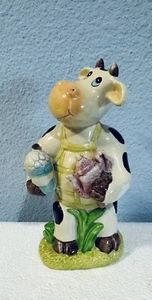 Estatuilla de jardinera de vaca de cerámica vintage con tetera cafetera y taza taza - Imagen 1 de 6