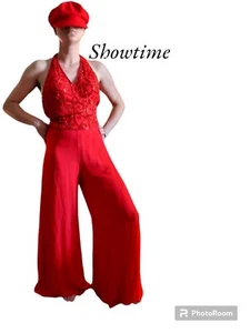  VTG SHOWTIME Red Chiffon Beaded Halter Top Wide Leg Y-2K Jumpsuit pockets SzS - Picture 1 of 8