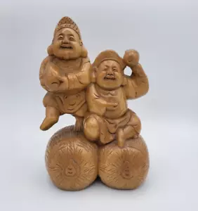 Vtg Ebisu & Daikoku Japanese Gods of Fishing & Fortune Hand Carved Wooden Statue - Picture 1 of 9