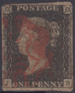 Stamp England 1840 penny 1d black queen Victoria SG1 red Maltese Cross postmark - Imagen 1 de 2
