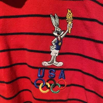 复古男式 1996 年 Hanes 美国奥林匹克队 Bugs 兔子条纹 Polo 衫尺寸 XL — 第 1/4 张图片