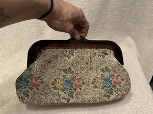 Vintage 1970s Floral Tapestry Clutch Purse w/Burgundy Lucite Closure - Picture 1 of 4