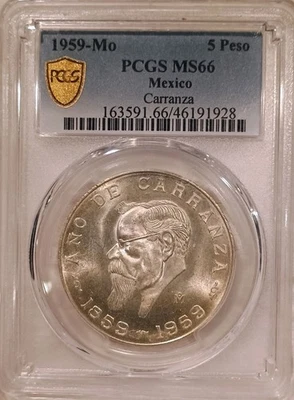 1959 Mexico 5 Pesos Carranza PCGS MS66 LOW POP 22/2 Only 2 Graded Higher - Image 1 of 3