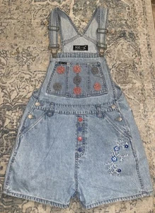 VTG SQZ Jeans Handmade Cottagecore Overalls Shorts SZ Med - Checkered Flowers - Picture 1 of 8