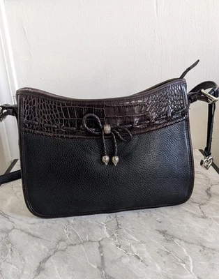 Bolso de Hombro Brighton Emma Negro y Marrón Cuero Guijarro Cocodrilo Cartera Lazo Trenzado Foto 1 de 4