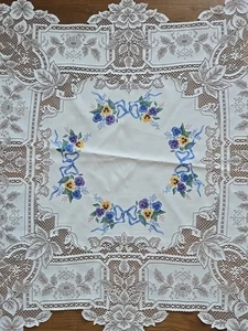 Lace Table Topper White Circle of Spring Pansies Ribbon 34 x 34 Inch - Picture 1 of 10