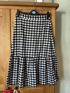 M&S Pure Cotton Checked Gingham Black White Midi Skater Frill Hem Skirt 12 reg - Picture 1 of 6