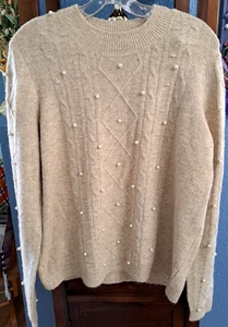 Loft Damen M beige Kunstperlen Feinstrick Pullover bestickt Langarm Rundhals - Bild 1 von 10