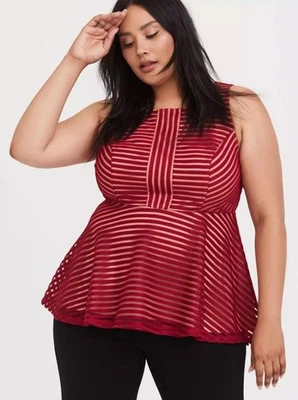 TORRID Red Shadow Stripes Plus Sz 2X Casual or Dress Sleeveless Peplum Shirt - Image 1 of 4