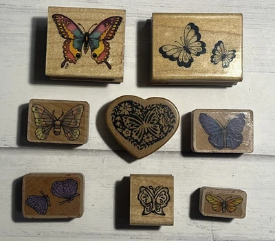 Lote de 8 estampillas de mariposas de goma en bloque de madera mariposas varias marcas Foto 1 de 4