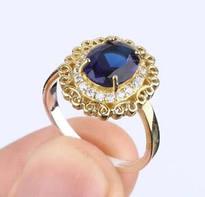 TURKISH SIMULATED SAPPHIRE .925 SILVER & BRONZE RING SIZE 8.5 #15713