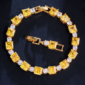 Handmade Yellow Gold Natural Yellow Citrine Charm Women Chain Bracelets 7.5 Inch
