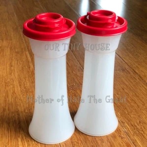 Tupperware Salt & Pepper Shakers Hourglass Set 6" Large Sheer White and Red NEW - Imagen 1 de 2