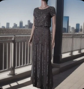 Adrianna Papell Größe 2 grau Verzierungen, R-Ausschnitt, S-Ärmel Maxikleid Kleid Neu mit Etikett - Bild 1 von 23